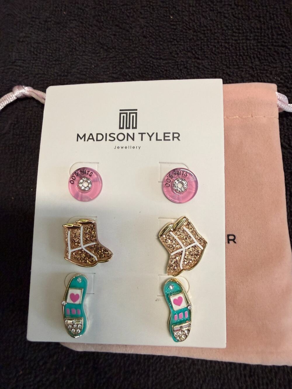 Madison Tyler Stud Earring Set 80's 90's Flashback New with Dust Pouch 3 Pairs